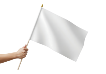 Hand holding a small waving white blank flag for mockup. Isolated on transparent background, png