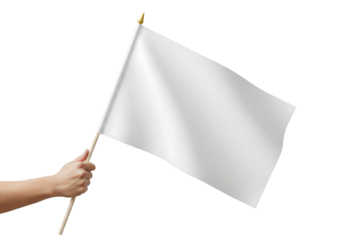 Hand holding a small waving white blank flag for mockup. Isolated on transparent background, png