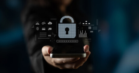 Cybersecurity protection system showing password encryption, fingerprint ID, cloud security, email, credit card, and database lock for secure data access Latch