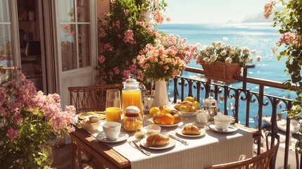 Lifestyle brunch scene on Mediterranean balcony, sunny ambiance