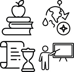 A collection of four line art icons symbolizing education, geography, history, and teaching, presented on a white background.