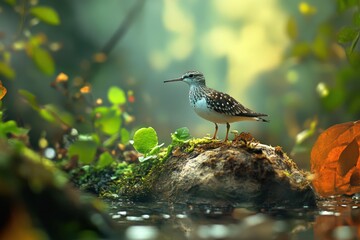 Wood Sandpiper Tringa glareola standing on moss near a tranquil water body surrounded by lush vegetation, Wood Sandpiper Tringa glareola in the habitat Slow motion
