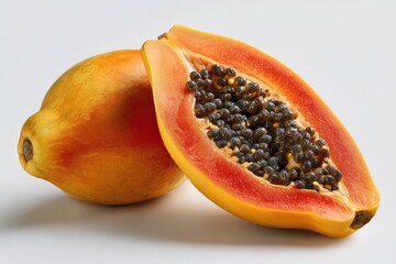 Ripe papaya, one whole, the other halved, revealing vibrant orange flesh and numerous black seeds against a neutral background