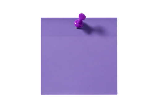 Purple sticky note or post it with a purple pushpin. Isolated on transparent background, png