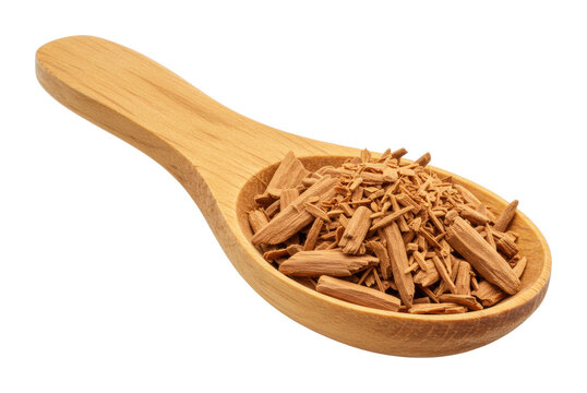 Wooden spoon filled with aromatic cinnamon sticks for culinary and herbal use. Cut out PNG