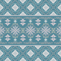 Stylish striped damask pattern in teal blue with white and pink floral elements. Soft contrast and layered detailing make this seamless design perfect for fabric, stationery, and elegant home goods.