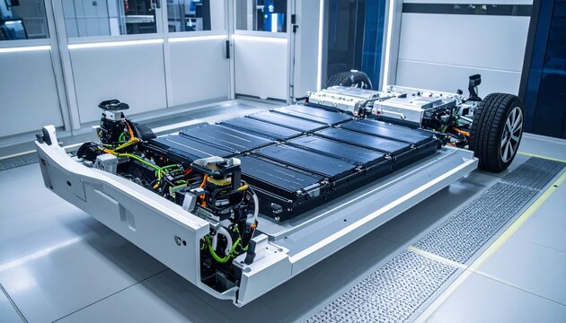 Exposed electric vehicle chassis showcasing integrated battery pack and suspension system.