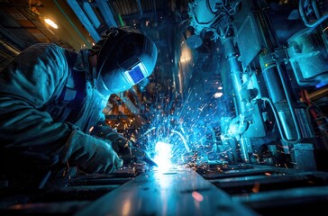 Low-angle shot of a welder in protective gear skillfully using a welding torch on a metal piece within a brightly lit industrial setting, sparks flying