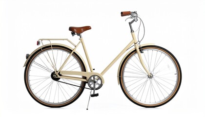 Beige city bicycle with brown seat and handlebars, featuring a step-through frame and rear rack.