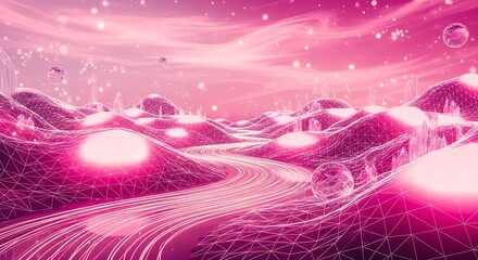 Pink futuristic landscape with digital network connection and technology