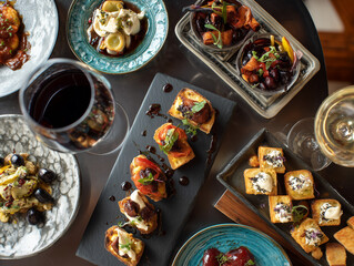 Editorial flat lay of tapas and wine at a European café