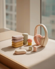 Minimalist Neurodivergent Travel Kit with Noise-Canceling Headphones and Sensory Tools in Sunlit Hotel Room