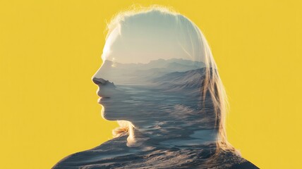 Woman profile landscape double exposure mountains