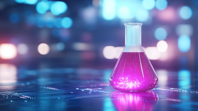 Erlenmeyer flask containing pink liquid in a scientific setting