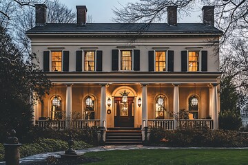 A polished neo-colonial exterior with a symmetrical two-story structure, classic window frames, and lantern-style lighting
