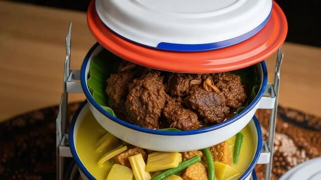 Traditional Southeast Asian Cuisine Served in a Stacked Tiffin Carrier with Rendang and Vegetable Curry
