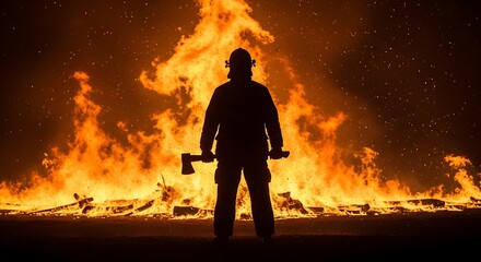 Fototapeta premium Silhouette of firefighter with axe in front of burning fire.