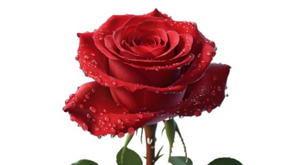 Single red rose with dew drops isolated on white background