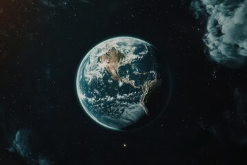 Obraz premium Earth in orbit with a close-up view of the letters formed by clouds in the atmosphere, Planet Earth in orbit in space with a zoom on the Europe continent under the clouds