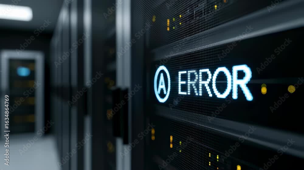 Wall mural data center server room with error message on screen, blinking lights indicating system failure. net