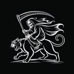 Fototapeta premium Grim reaper riding a panther with scythe silhouette line art illustration stock photos royalty free image premium quality