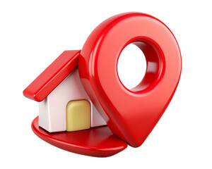 Glossy red location pin near white house isolated on a transparent background image