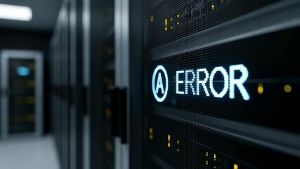 Data center server room with error message on screen, blinking lights indicating system failure. Network technology problem concept. - Powered by Adobe