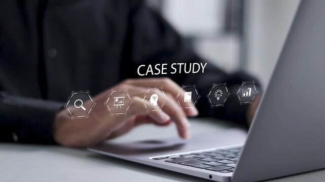 Case study education concept. Businessman using laptop with case study icons on virtual screen for analysis of the situation to find a solution.