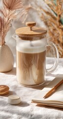 Glass French press filled with creamy coffee sits on a light fabric surface, accompanied by a notepad, pencil, pastries, and dried plants.  Sunlight streams in