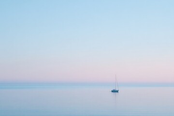 Fototapeta premium Serene seascape featuring solitary sailboat against pastel sky