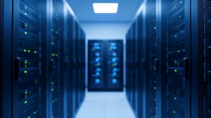 Data center servers blinking lights inside a dark server room. Technology and communication infrastructure concept footage. - Powered by Adobe