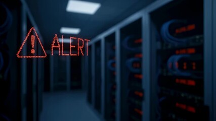 Red alert warning and exclamation mark in server room data cybersecurity threat flickering in digital space video. - Powered by Adobe