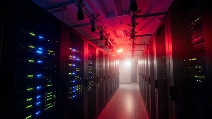 Long corridor in a server room with glowing lights, depicting data processing visualization and technology infrastructure footage. - Powered by Adobe