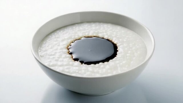 Minimalist studio shot of white rice porridge or congee with a dark savory sauce pool in the center, served in a simple white ceramic bowl.