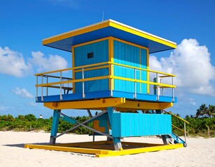 Vibrant blue and yellow lifeguard stand on a sandy beach under a bright sky