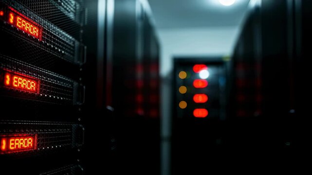 Server racks displaying an error message in a data center, indicating system failure or maintenance requirements footage.