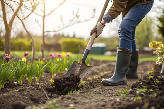 man in rubber boots digging the ground in the garden with a shovel, gardening and soil preparation.