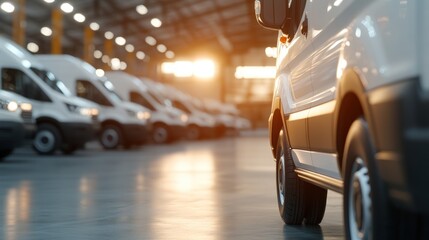 Fleet of white delivery vans parked in a warehouse for distribution and logistics
