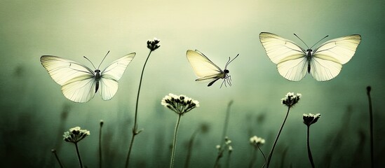 Ethereal Trio: Luminous White Butterflies in a Hazy, Muted Green Meadow