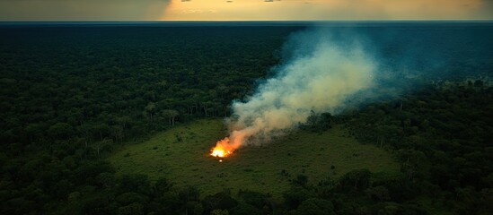 Aerial View of Amazon Rainforest Fire, Devastation and Environmental Destruction.