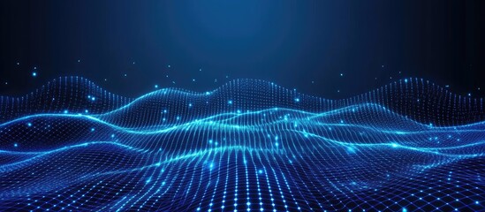 Flowing Digital Landscape of Luminous Blue Waves and Sparkling Data Nodes.
