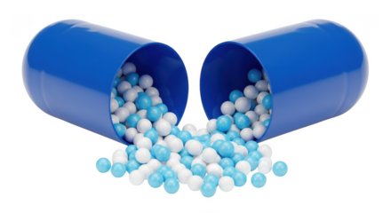 Open blue capsule spilling out small white and blue pills isolated on transparent background