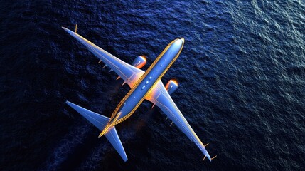 Futuristic Jet with Luminous Gold Livery Soaring Over a Dark, Rippling Ocean