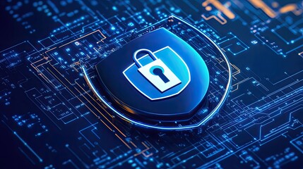 Glowing Padlock Shield Protecting a Luminous Digital Circuit Board Network