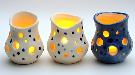 Glowing Ceramic Candle Holders: Polka Dots, Warm Light, Serene Ambiance.