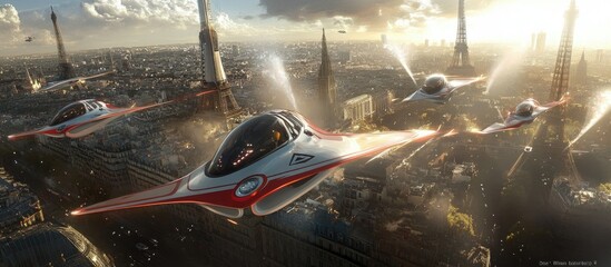 Golden Hour Flight: Futuristic Airships Glide Above a Transformed Paris Skyline with Iconic Towers