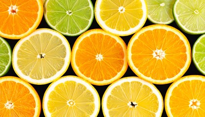 Obraz premium Vibrant citrus fruit slices arranged in a repeating pattern against a dark background