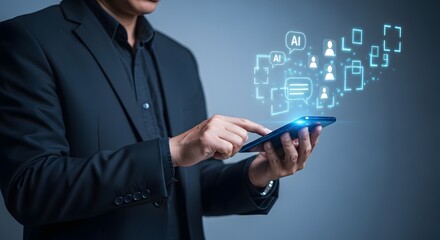 Ai mobile app development concept businessman using smartphone for communication and network 92