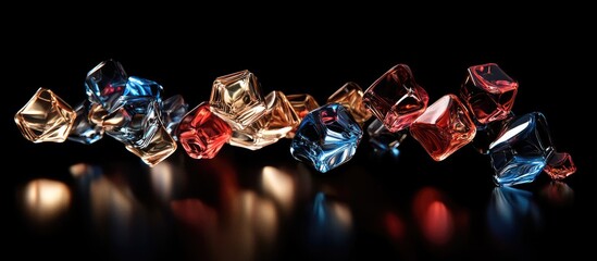 Luminous Dance of Red, Blue, and Gold Glass Cubes on a Reflective Black Surface