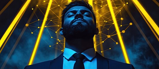 Businessman with abstract digital network overlay